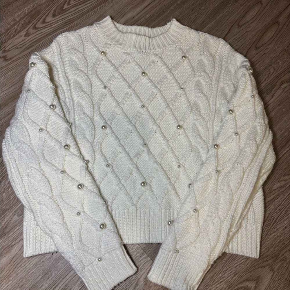 Forever 21 White Pearl-Embellished Sweater